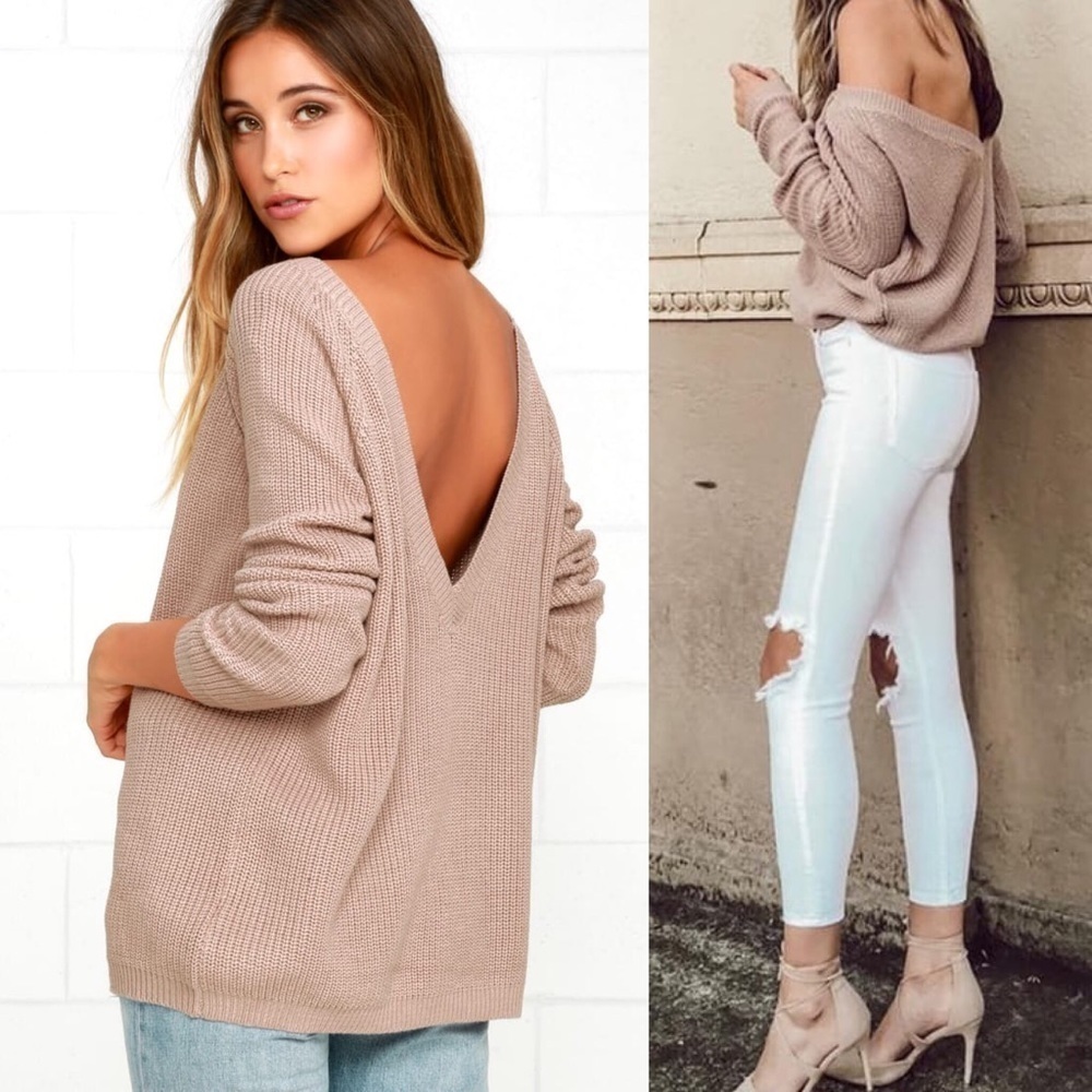 TOBI Low Cut Open V-Back Oatmeal Oversized Sweater One size